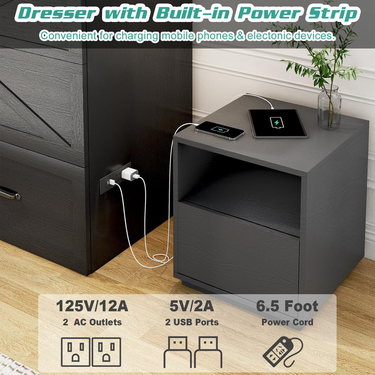 Hlivelood Full Size Murphy Chest Bed with Drawer and Charging Station, Farmhouse Wood Space-Saving Hidden Folding Bed Chest, Multifunctional Storage Cabinet Beds for Bedroom, Office, Black Hlivelood