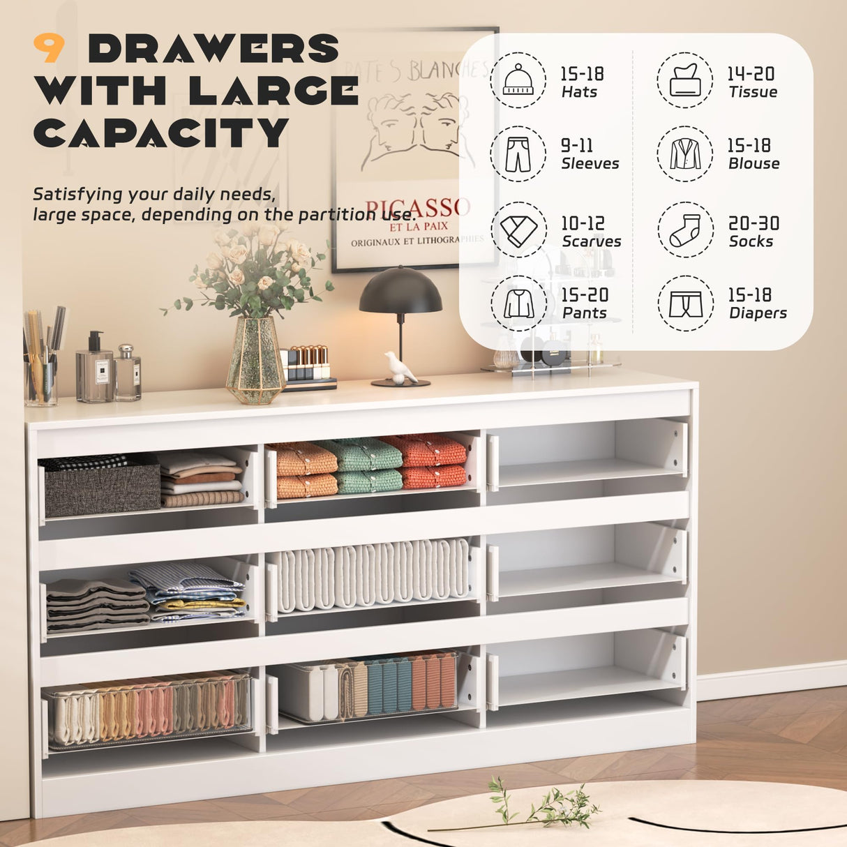 INTERGREAT White Dresser for Bedroom,Modern 9 Drawer Dresser for Closet,Wood Dressers with Deep Drawers for Kids Bedroom,Chest of Drawers for Bedroom,Living Room,Hallway,Entryway,Nursery INTERGREAT