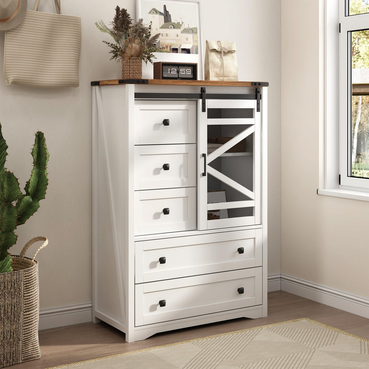 Vabches 5 Drawer Dresser, Sliding Barn Door, Farmhouse Tall Dresser Tall Chest of Drawers Storage Organizer Dresser for Bedroom Living Room, Entryway, White Vabches