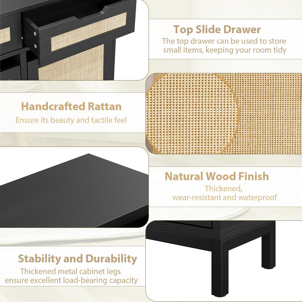 Jocoevol Rattan Shoe Cabinet for Entryway with 4 Flip Drawers & 2 Top Drawers, Freestanding Narrow Shoe Storage Cabinet with Metal Legs for Foyer, Hallway (Black) Jocoevol