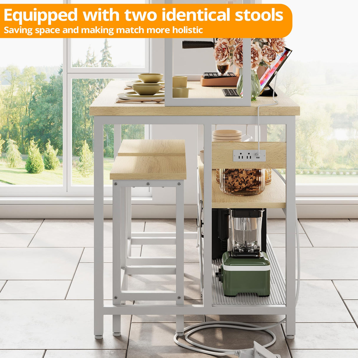 IRONCK Kitchen Island with Stools, Dining Table Set with Storage and Power Outlet, Industrial Coffee Bar Table for Kitchen Dining Living Room, 10 Hooks (Natural Wood) IRONCK