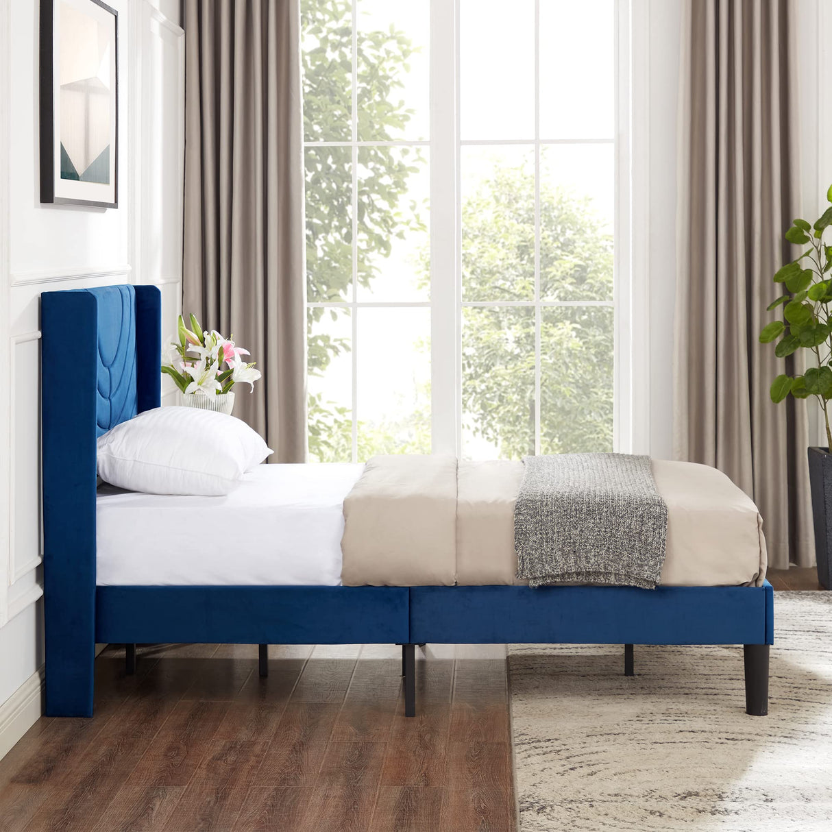 VECELO Twin Upholstered Platform Bed Frame with Fabric Headboard,Wooden Slats Support/No Box Spring Needed/Mattress Foundation,Dark Blue VECELO