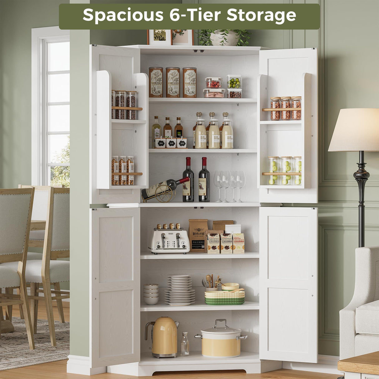 IRONCK Corner Cabinet, 72" Kitchen Pantry Cabinet, 6-Tier Freestanding Farmhouse Pantry with 4 Adjustable Shelves, 240°Swivel Doors, 2 Doors Storage, Spacious Hutch for Kitchen, Living Room, White IRONCK