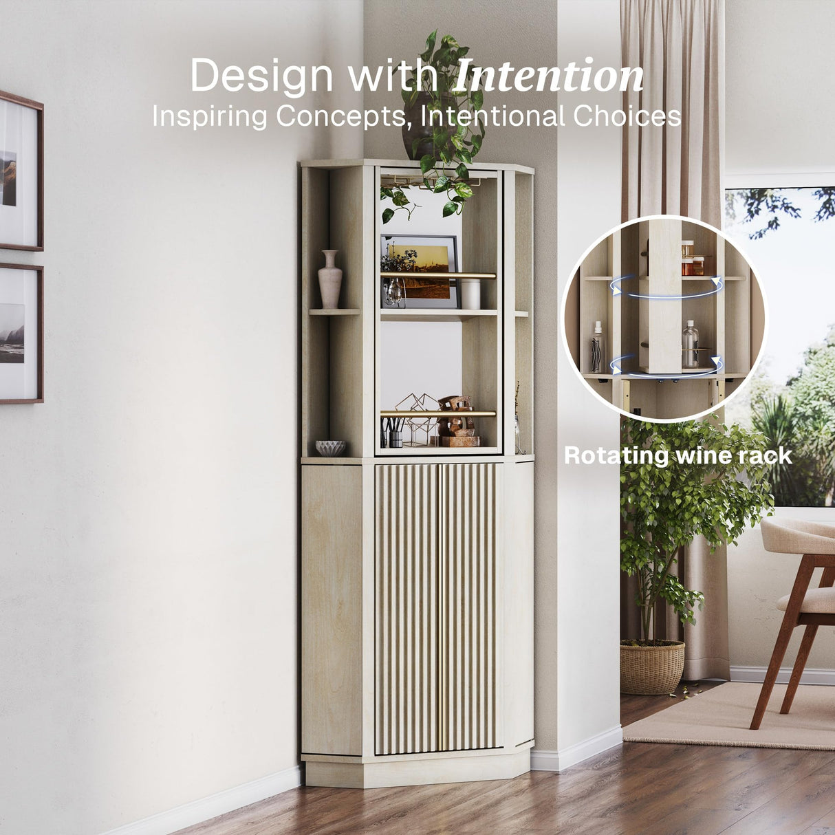 BELLEZE 68" Tall Farmhouse Wine Cabinet with Rotating Wine Rack, Corner Bar Cabinet, Modern Home Bar Liquor Storage Cabinet for Dining Room, Living Room & Kitchen - White Sand BELLEZE