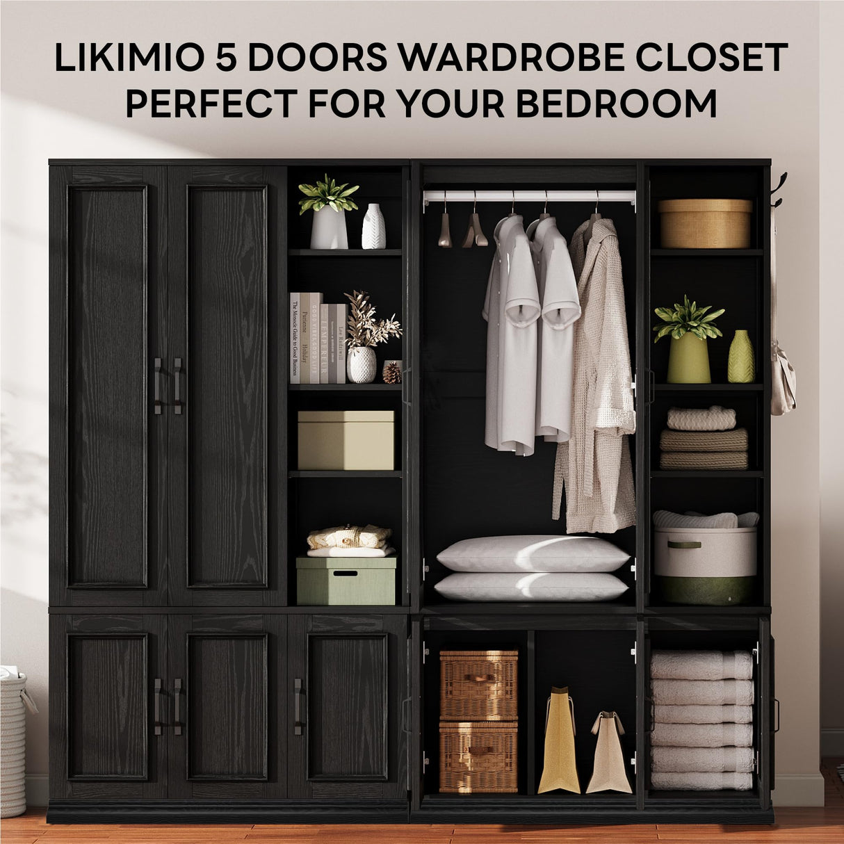 LIKIMIO Armoire Wardrobe Closet 70" H, 5 Doors Bedroom Wooden Wardrobe with 4 Storage Shelves and Hanging Rod, Clothing Storage Cabinet Organizer Combination, Black LIKIMIO