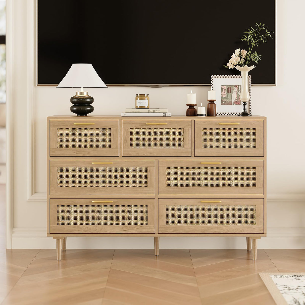 Trironsun Rattan Dresser for Bedroom 7 Drawer Wide Dresser Natural Boho Chest of Drawers Modern Wood Storage Dressers with Golden Handles for Living Room Closet Hallway Trironsun