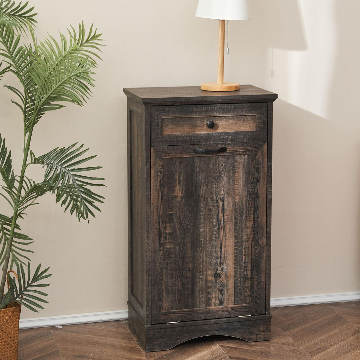 AHB 13 Gallons Tilt Out Trash Cabinet Free Standing Kitchen Trash Cabinet Recycling Cabinet with Hideaway Drawer Pet Proof Trash Can Cabinet for Kitchen Living Room, Rustic Brown AHB