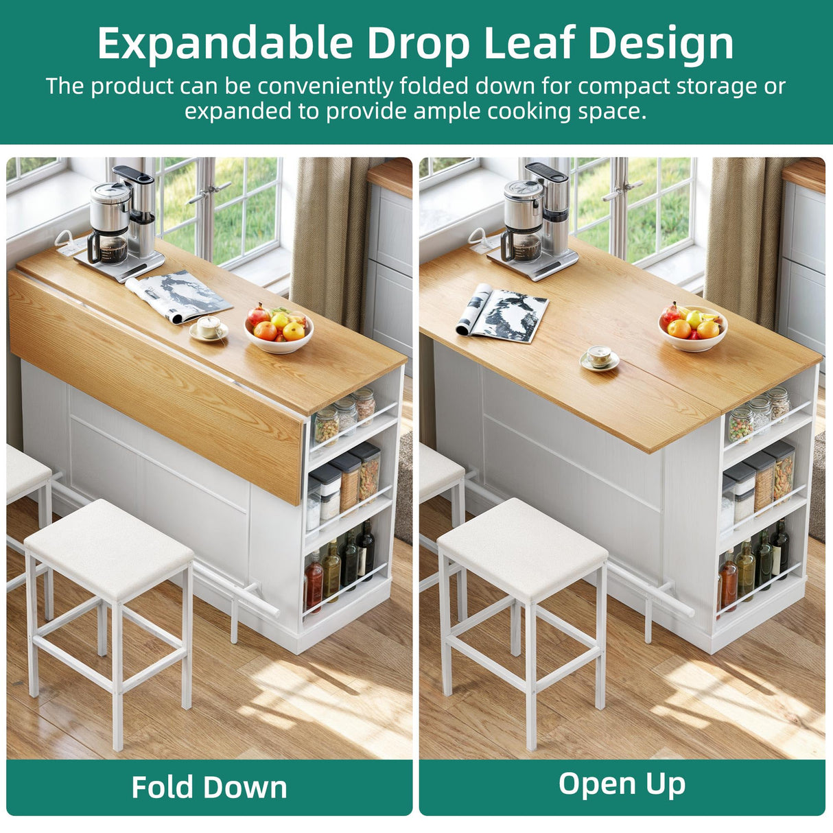 YITAHOME Kitchen Island with Drop Leaf, 47 Inch Mobile Storage Island with Seating, Rolling Islands Table with Power Outlet & 2 Bar Stools on Wheels, White Oak YITAHOME