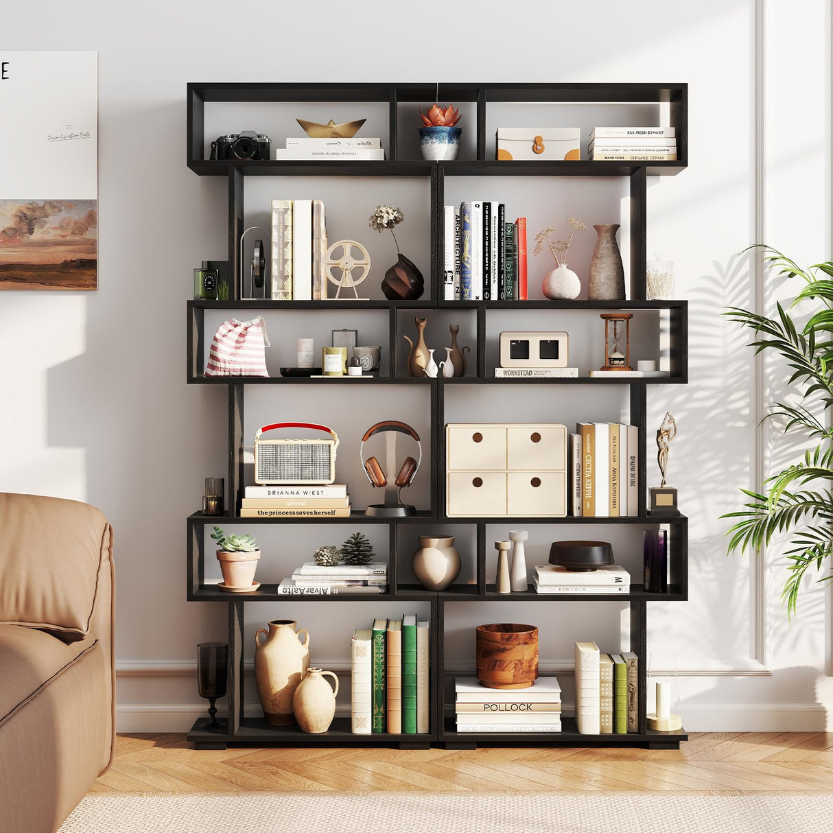 Tangkula 6-Tier S-Shaped Bookshelf, 64" Freestanding Geometric Bookcase, Home Office Wood Storage Shelf with Anti-Toppling Device, Room Divider Display Rack for Study, Living Room (1, Black) Tangkula