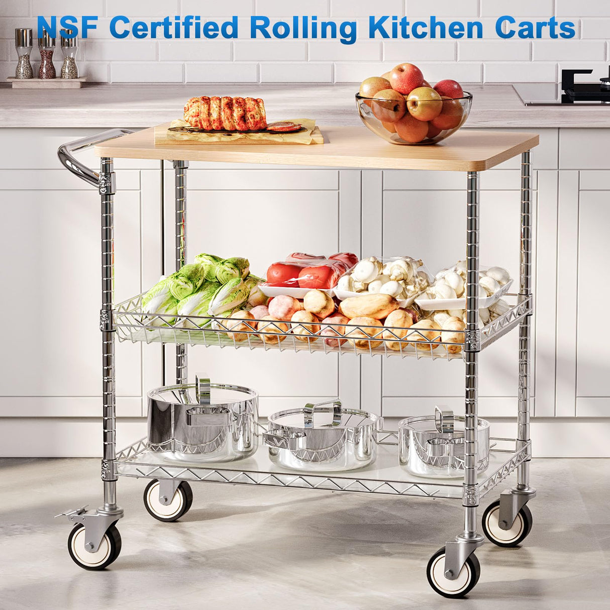 Leteuke Rolling Kitchen Carts with Wheels, 34" L x 17.5" W, 3-Tier Heavy Duty Utility Cart with Wood Tabletop, NSF Commercial Metal Serving Cart with Handle and Shelf Liner for Kitchen, Chrome Leteuke