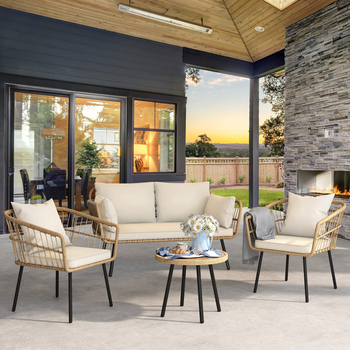 YITAHOME 3 Pieces Outdoor Wicker Patio Conversation Bistro Set, All-Weather Rattan Patio Furniture Set with Table & Cushions, Outdoor Sectional Sofa for Patio, Balcony, Backyard, Deck YITAHOME