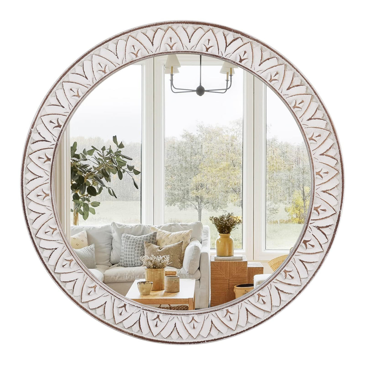 30" Round Wall Mirror, Farmhouse Wooden Frame Circle Mirrors, Rustic Large Decorative Wall Mounted Bathroom Mirror Distressed Hanging Mirrors for Living Room, Bedroom, Entryway, Fireplace, Hall fuxuiwy