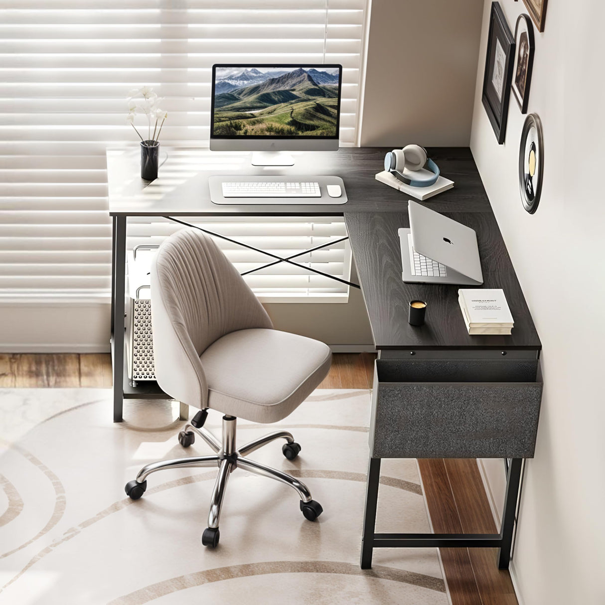 L Shaped Desk Gaming Computer 50 Inch Reversible Corner Table PC for Writing Study Student with Wood Tabletop Metal Frame CPU Stand Side Bag for Home Office Small Place, Black HealSmart