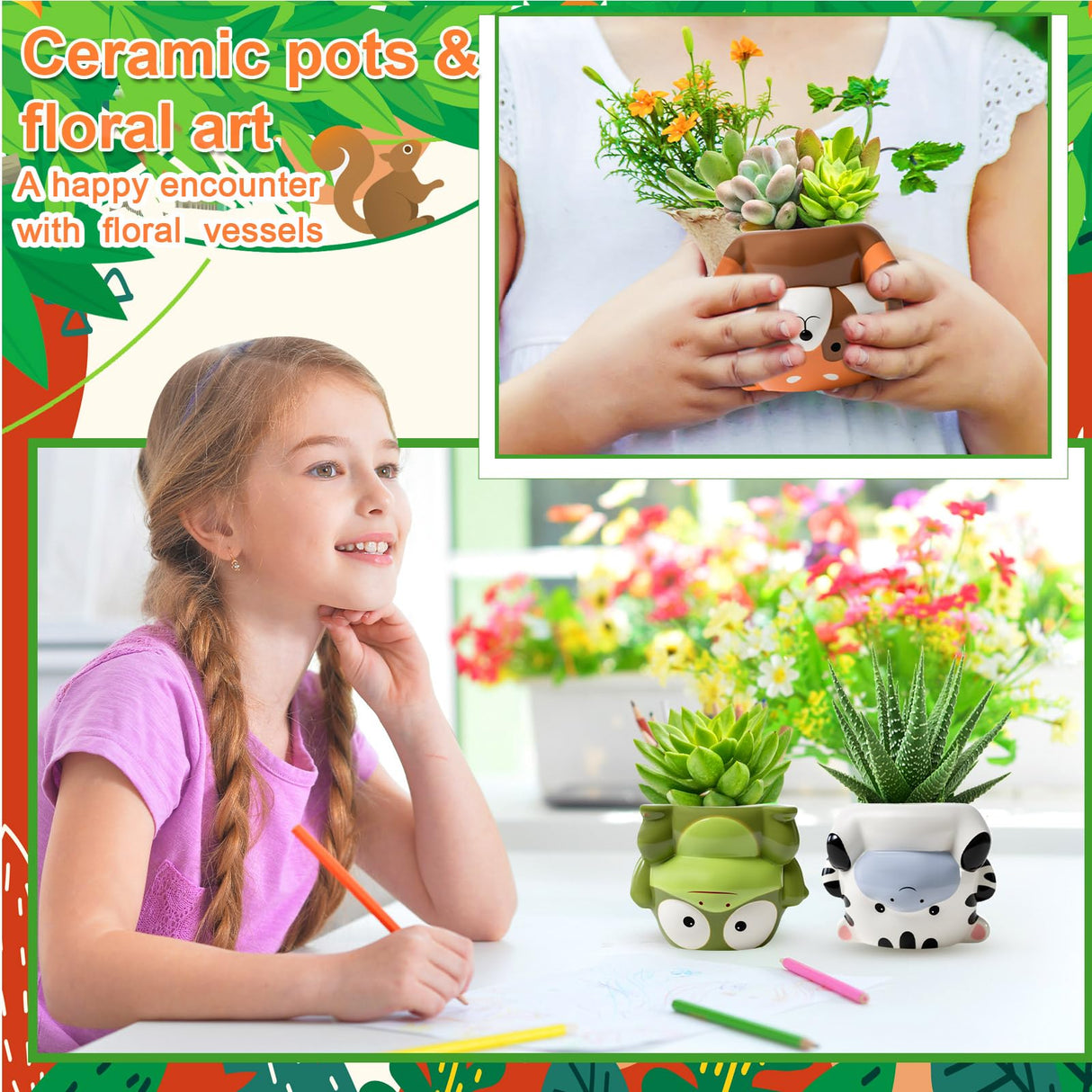 Chuangdi 6 Sets DIY Ceramic Succulent Pots Animal Ceramics to Paint Small Paint Your Own Ceramic Pots DIY Unpainted Planters with Drainage Hole Color Paints Paintbrushes Palettes for Craft Activity Chuangdi