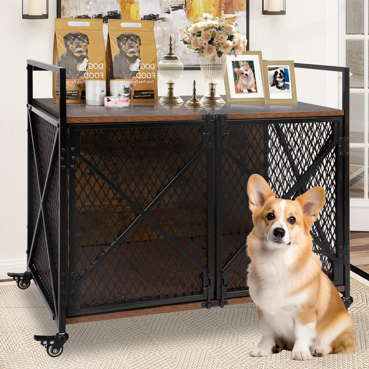 31'' Dog Crate Furniture, Wooden Dog Crates for Medium Dogs, Heavy Duty Dog Kennel Indoor with Lockable Wheels, Furniture Style Dog Cage for Living Room,Rustic Brown Gowoodhut