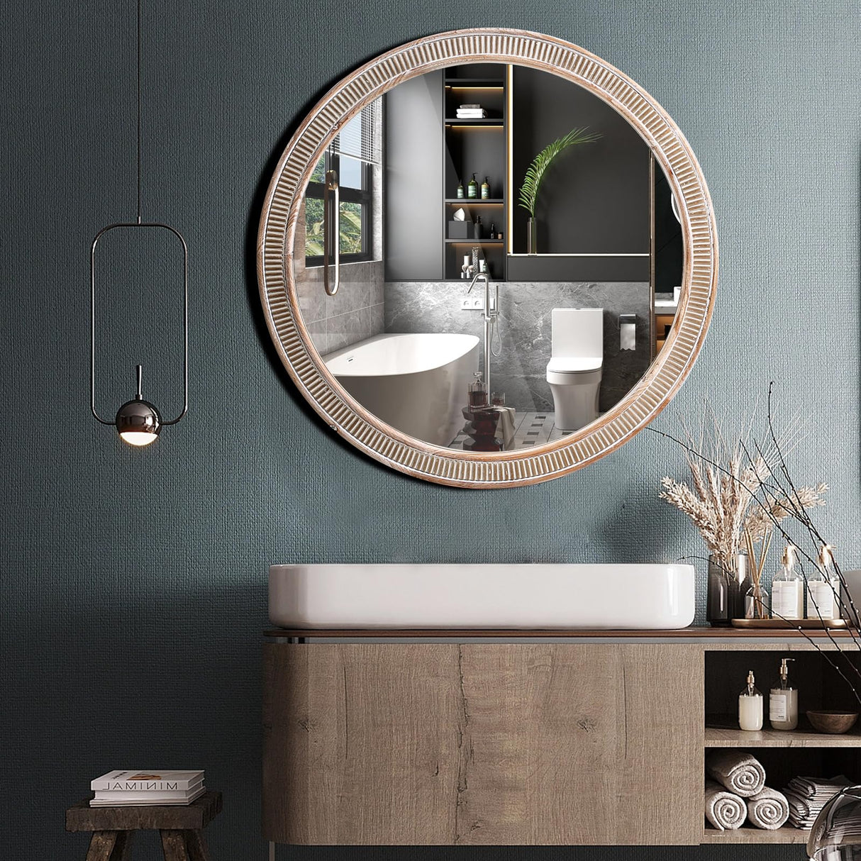 HOITUZYUS 24 inch Round Wood Mirror Farmhouse Wall Mirror with Wooden Frame Wood Frame Boho Circle Mirrors Accent Mirror for Bathroom,Bedroom, Living Room, Foyer HOITUZYUS