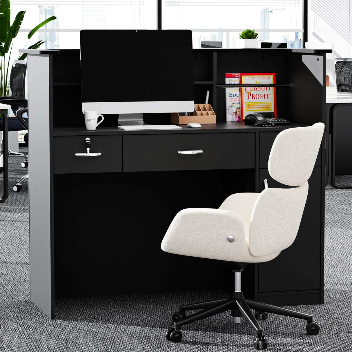 OUTGUAVA Modern Front Desk & Reception Desk with LED Lighting, 50-inch Retail Counter with Power Socket, DIY Stripe for Checkout, Lobby, Salon, Offices - Black OUTGUAVA