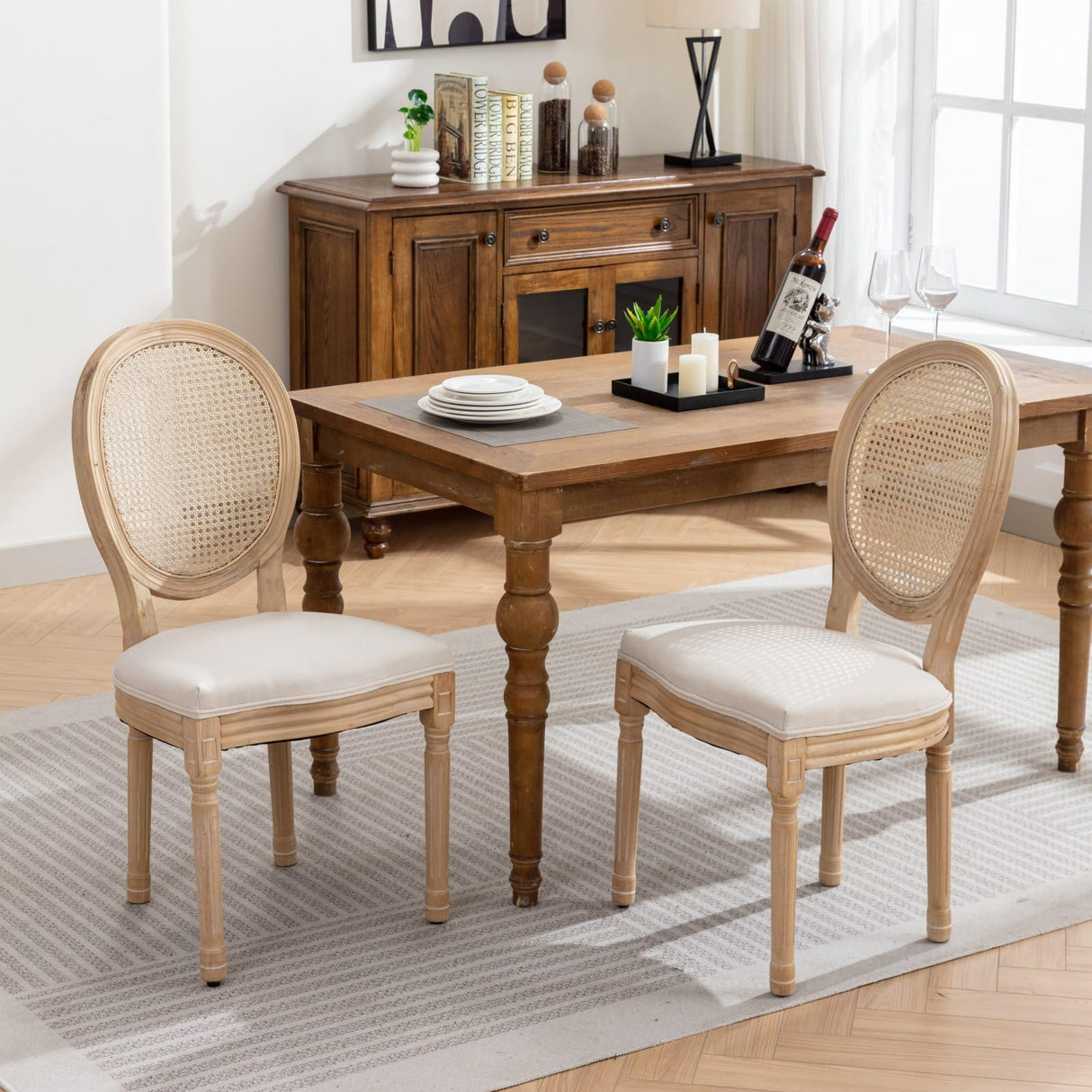 HMFULE French Country Dining Chairs Set of 4, Rattan Dining Chair with Linen Fabric and Carved Solid Wood Frame Farmhouse Dining Room Chairs for Living Room, Kitchen, Restaurant Rattan Beige HMFULE