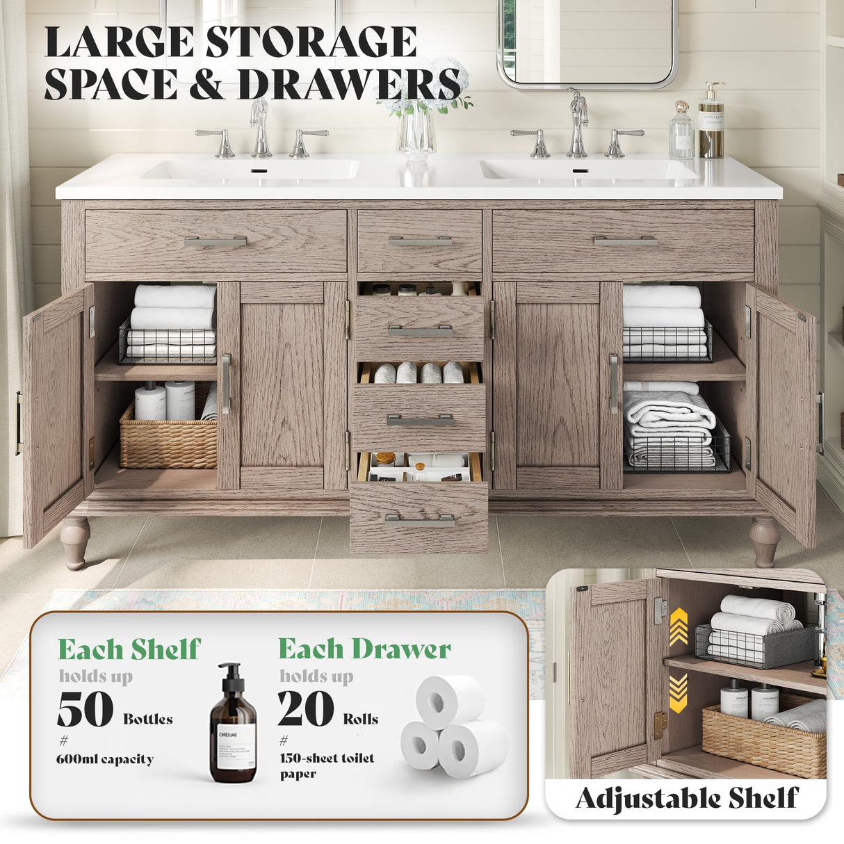 60" Solid Oak Double Sink Bathroom Vanity with Sink Combo, Antique Grey Oak Vanity Cabinet with Drawers & Adjustable Shelves, Easy Assembly AMERLIFE