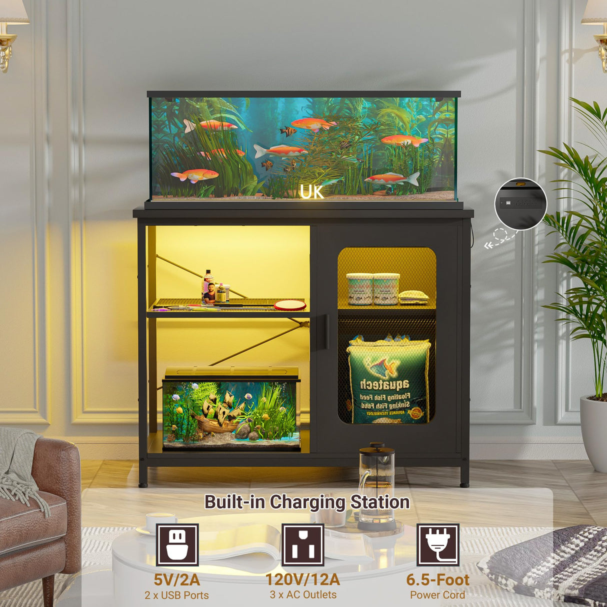 Unikito 20-29 Gallon Fish Tank Stand with Power Outlets & LED Light, Reversible Metal Aquarium Stand with Cabinet for Fish Tank Accessories Storage, Suitable for Reptile Terrarium, Turtle Tank, Black Unikito