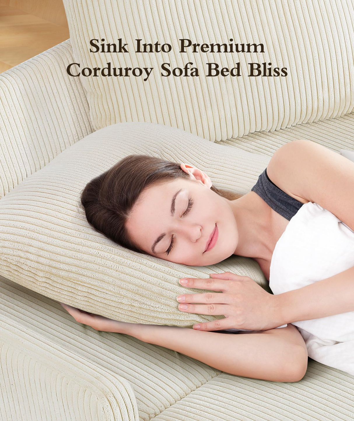 Corduroy Convertible Sofa Bed, 47" Loveseat Sleeper Sofa, Pull out Couch 618lbs Capacity, Modern Sleeper Couch Bed 2 Fluffy Pillows Included, Small Couches for Small Spaces/Apartment/Office, Beige Domusensus