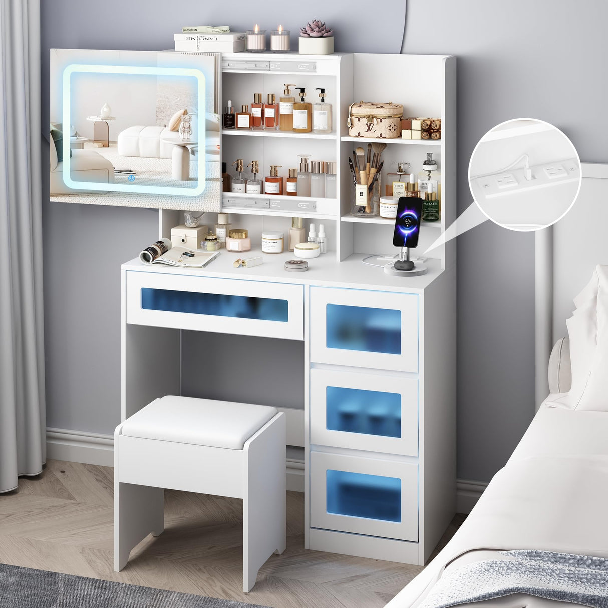 Fameill Vanity Desk with LED Sliding Mirror, Dressing Table with 4 Drawers and Stool Set, RGB Lights, Makeup Vanity 3 Color Lighting Modes Adjustable Brightness, Charging Station, White Fameill