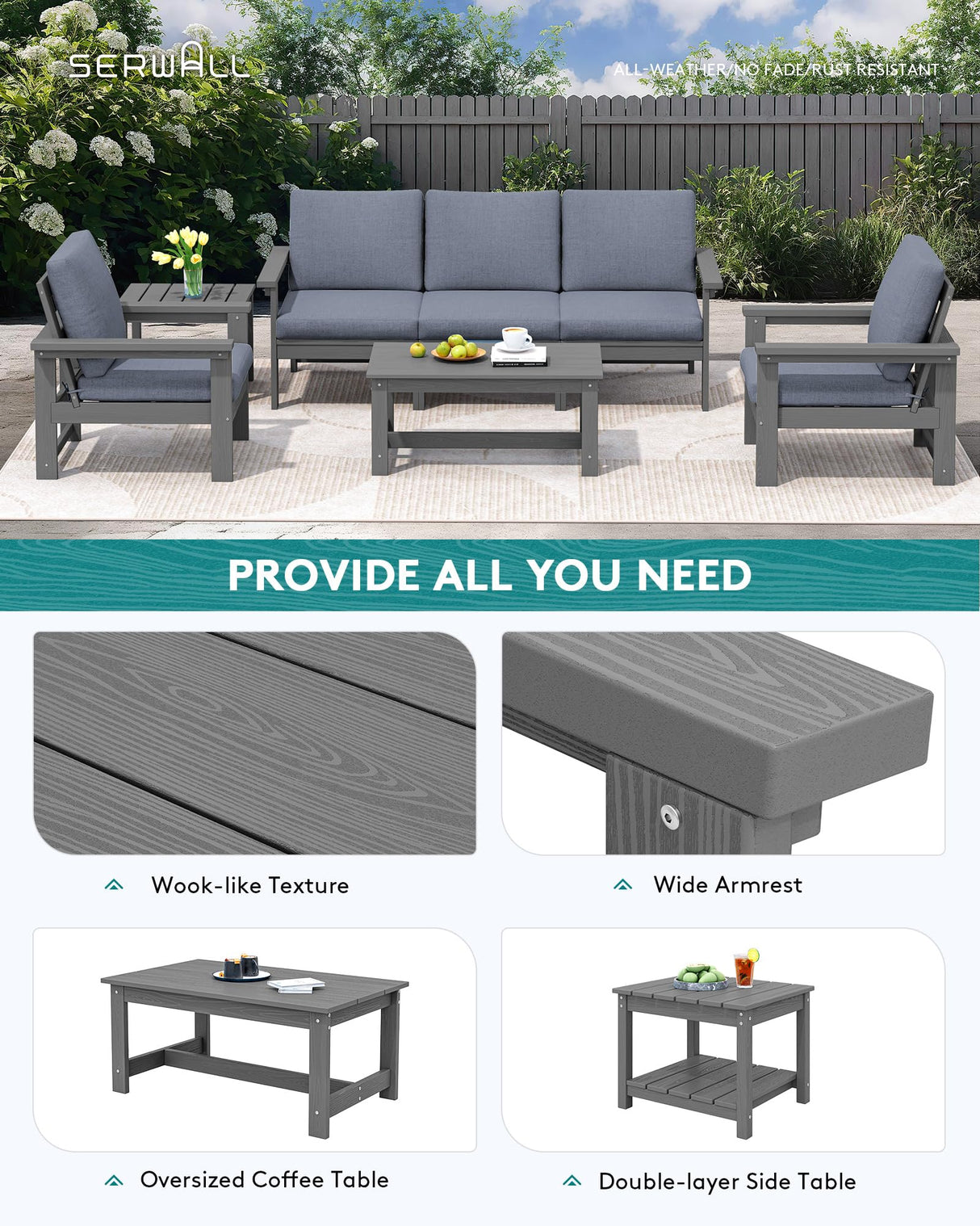 SERWALL HDPE Patio Furniture Set, 7-Piece Outdoor Sectional Sofa Set, All Weather Outdoor Couch Set for Deck, Lawn, Grey Frame with Grey Cushion SERWALL