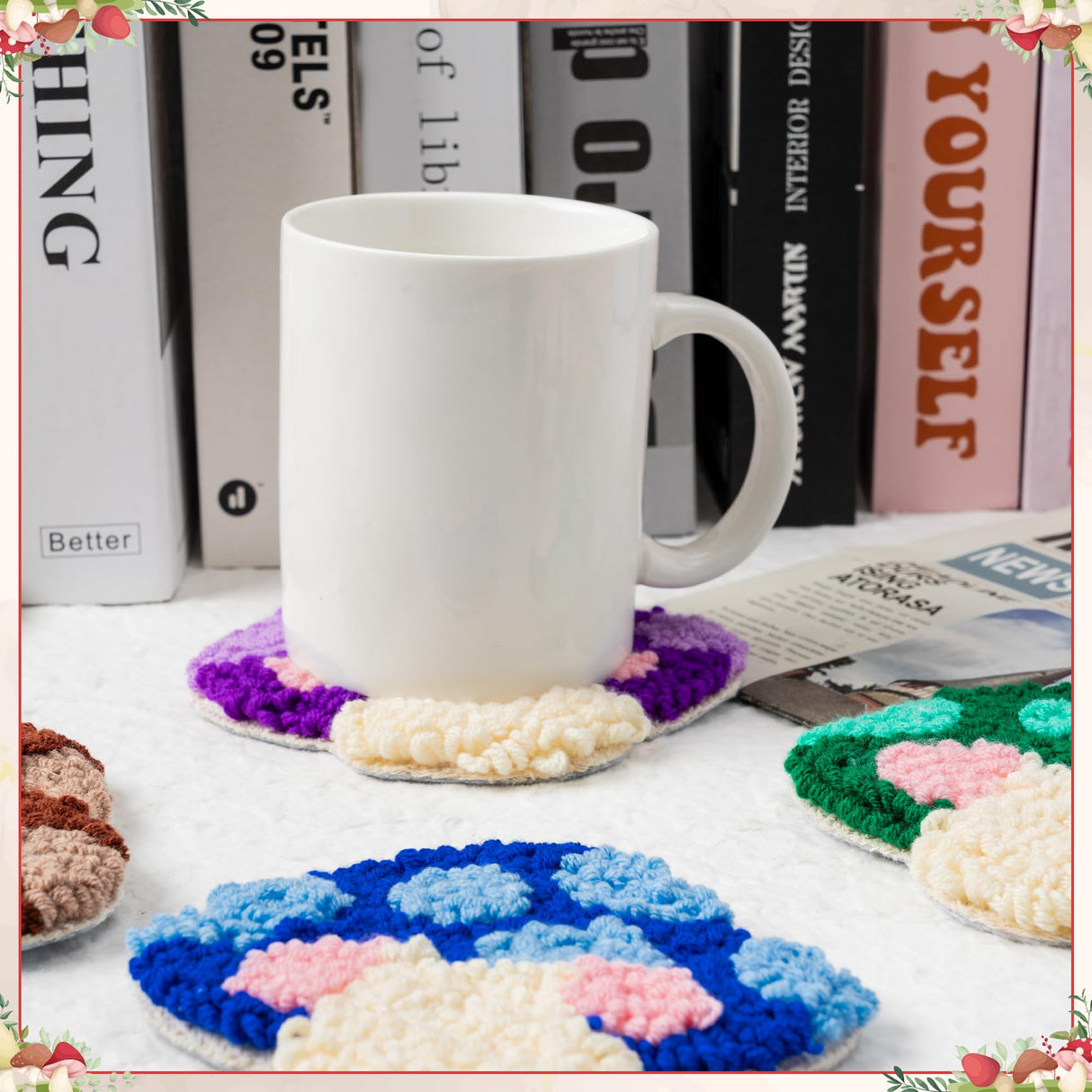 WATINC Mushroom Punch Needle Coaster Kit - 22Pcs Easy Art Work Decor Coasters Kits for Beginners, DIY Set of 6 Mushroom Pattern Tufted Rug Pads with Adhesive Felt Yarns Embroidery Hoop Instruction WATINC