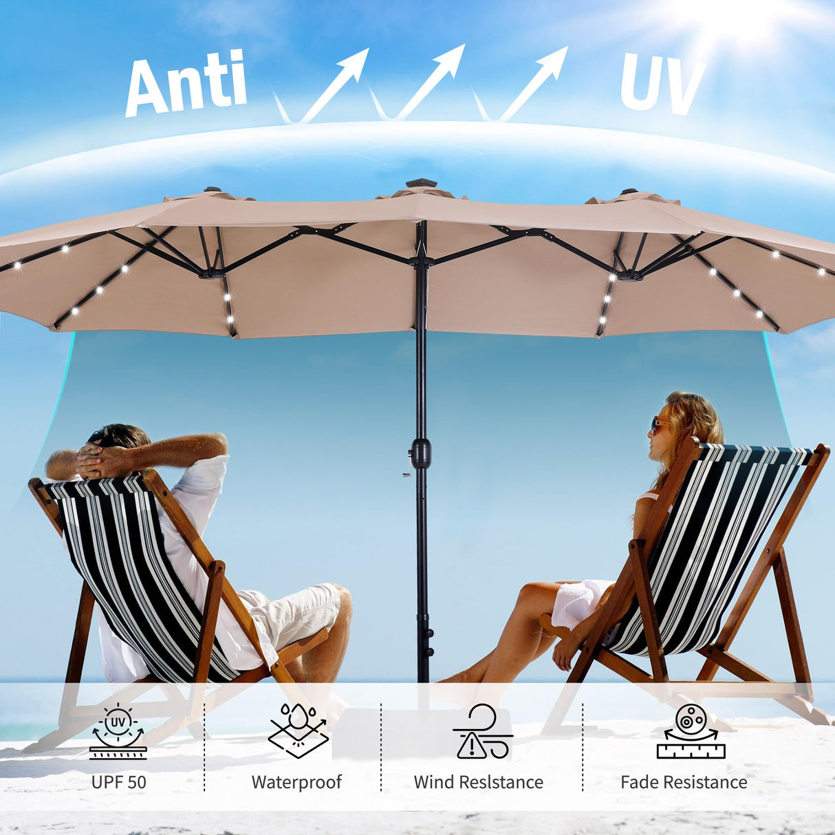 MFSTUDIO 15ft Double Sided Patio Umbrella with Solar Lights, Outdoor Large Umbrellas with Crank Handle and 36 LED Lights, Rectangular Market Umbrella with Base Included for Deck Pool Shade, Beige MFSTUDIO