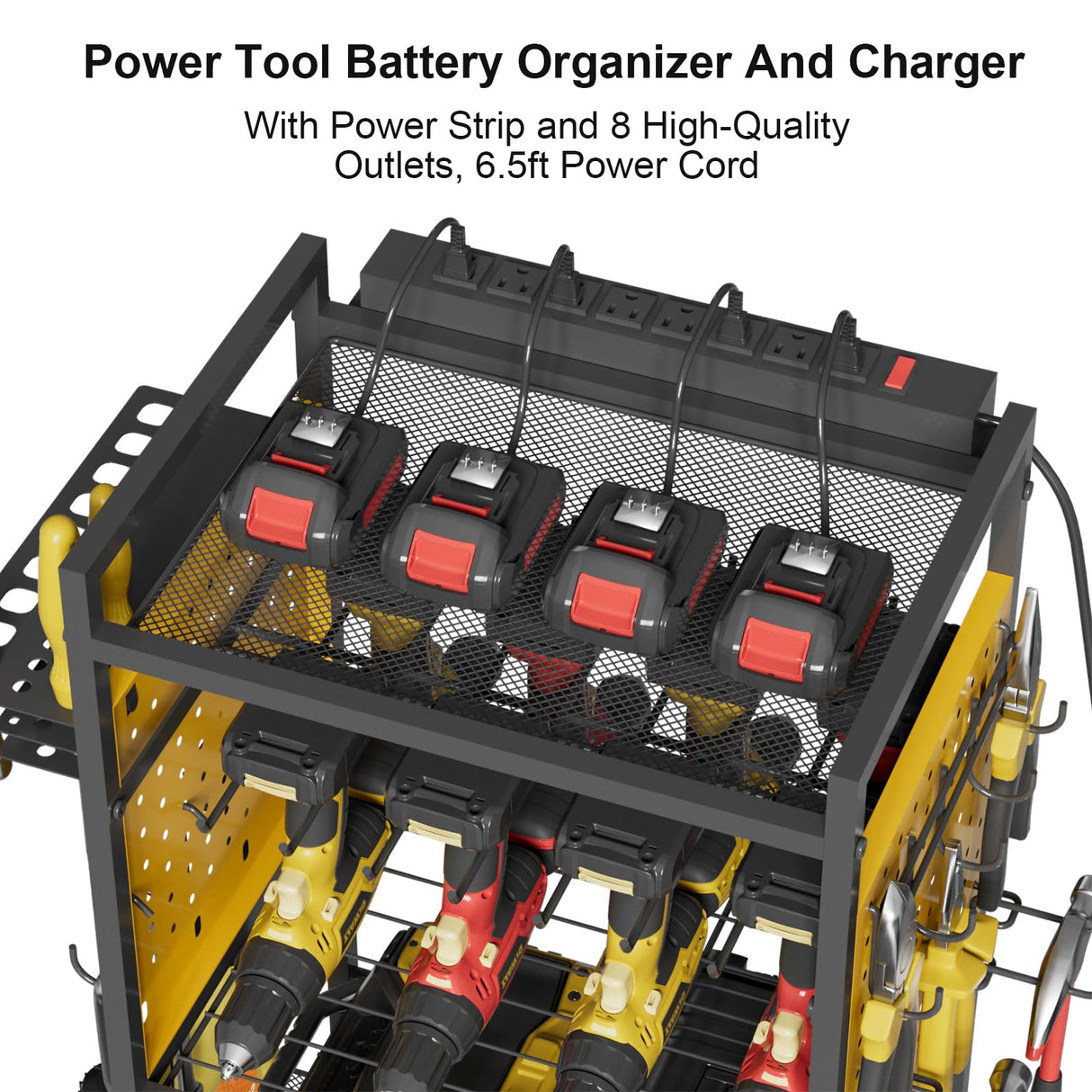 Power Tool Organizer Cart with Charging Station, Heavy Duty Garage Tool Organizer Rolling Tool Battery Storage with 8-Outlet Power Strip, 4 Wheels, 2 Hanging Baskets, 8 Hooks, Drill Bit Holder, Yellow NEYCIL