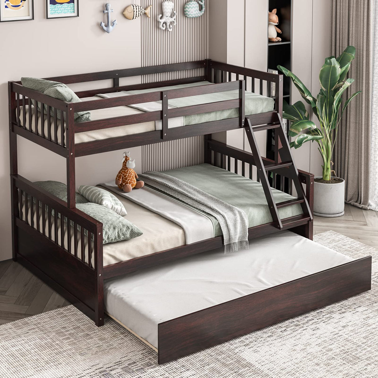 Giantex Twin Over Full Bunk Bed with Trundle, Convertible Platform Bed Frame with Ladder, Solid Wood Frame & Safety Guardrails, Space-Saving Bunk Bed for Teens & Kids, No Box Spring Needed, Espresso Giantex
