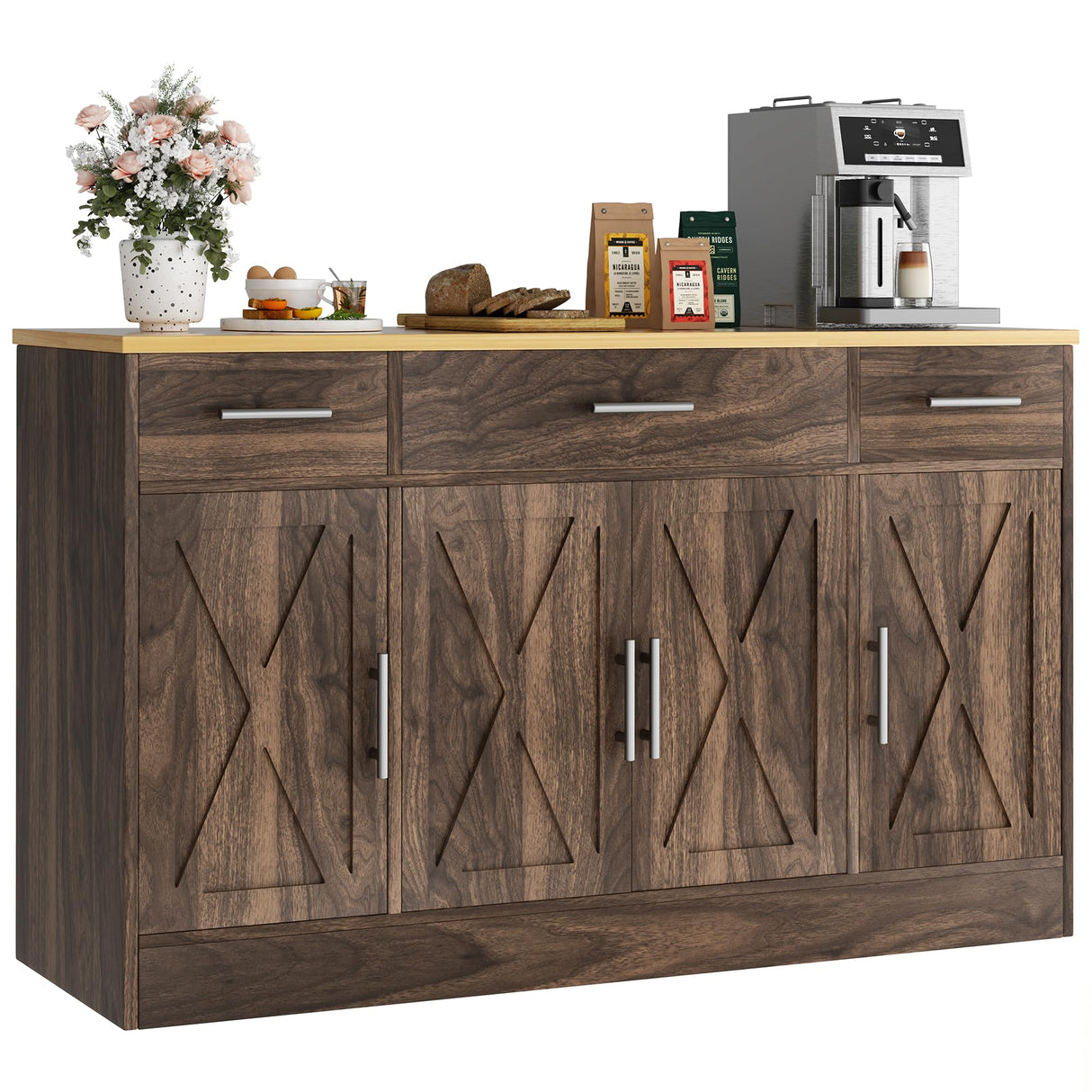 Vongrasig Buffet Cabinet with Drawers, 53” Large Sideboard Buffet Kitchen Storage Cabinet, Modern Farmhouse Coffee Bar with Shelves and Doors, Wood Buffet Table for Kitchen, Dining Room, Rustic Brown Vongrasig