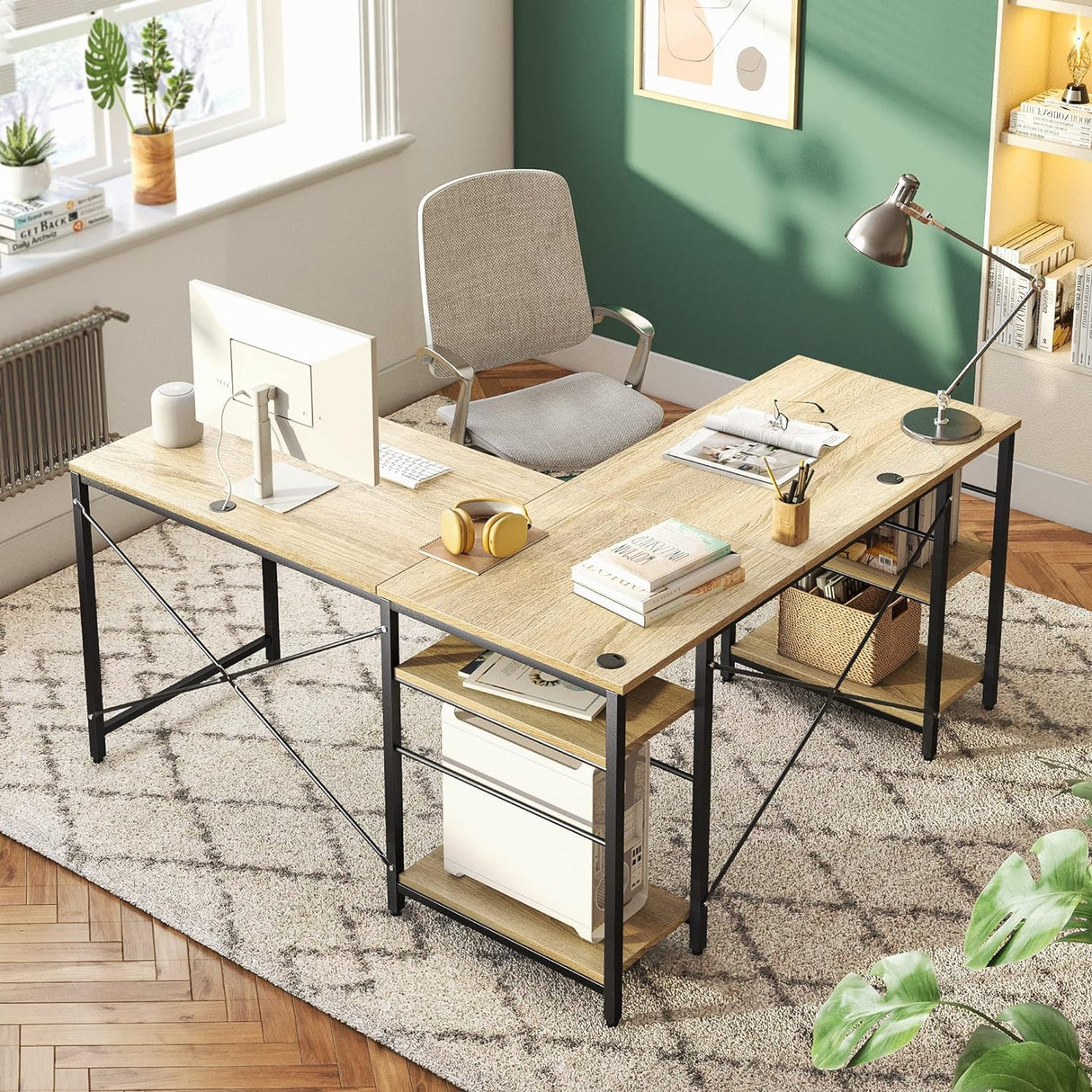 Bestier 95.2” L Shaped Desk, Reversible Corner Computer Desk or 2 Person Long Table with Adjustable Shelves, Large Writing Study Workstation with 3 Cable Holes - Oak Bestier