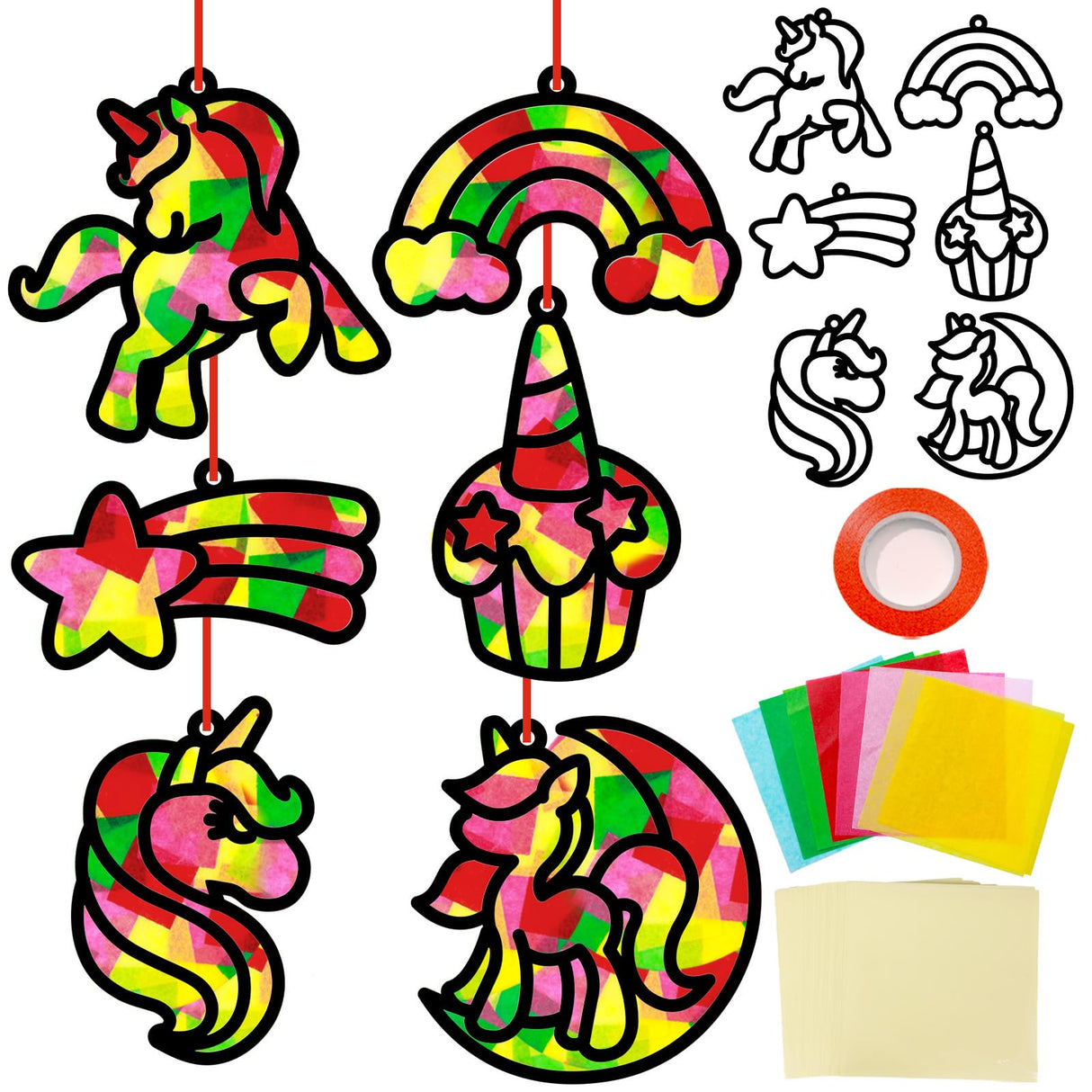 Qyeahkj 36 Set Unicorn Suncatchers Crafts for Kids DIY Unicorn Tissue Paper Crafts Window Stained Glass Effect Rainbow Hanging Decor School Home Creative Activity Art Project Birthday Party Favor Gift Qyeahkj