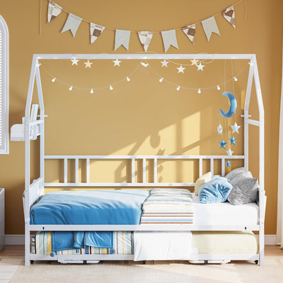 LIKIMIO Daybed with Pop Up Trundle, House Metal Twin Bed Frame with Bedside Storage,Sofa Day Bed for Living Room, Bedroom and Guest Room,White