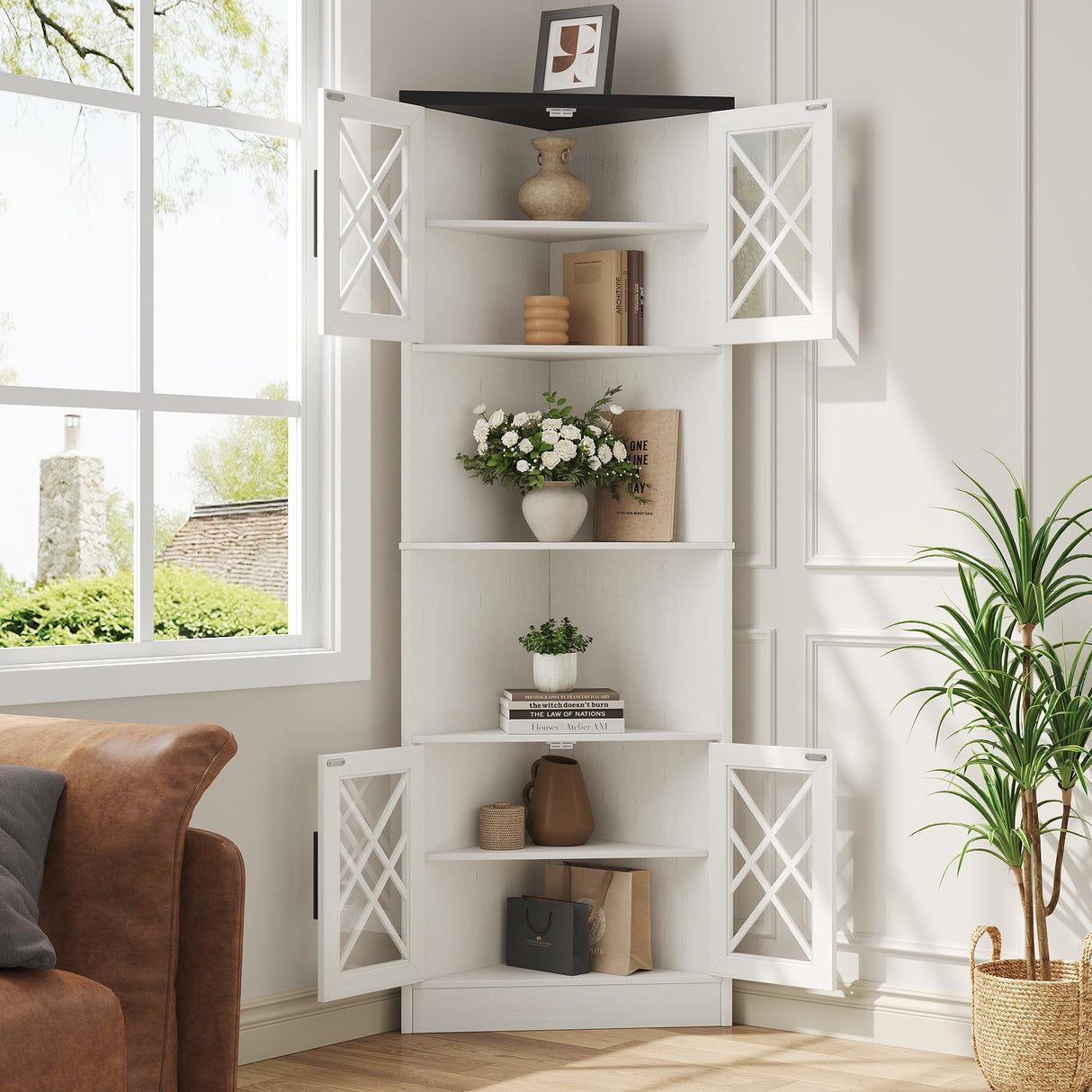 Maupvit White Corner Hutch with 4 Tempered Glass Doors, 67" Tall Farmhouse Corner Storage Cabinet, Kitchen Pantry Hutch with Adjustable Shelf, Home Space Saver for Laundry Room, Dining Living Room Maupvit