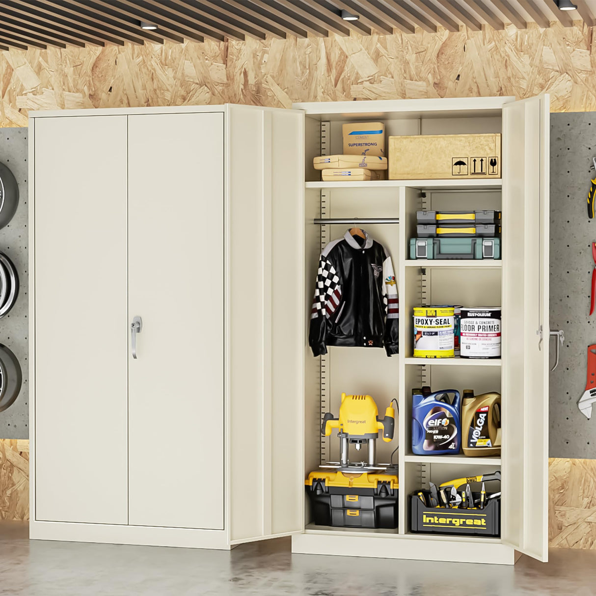 INTERGREAT Metal Wardrobe Closet, 72" Grey Locking Storage Wardrobe Cabinet with Doors and Shelves, Tall Steel Clothes Storage for Office, Home, School, Gym INTERGREAT