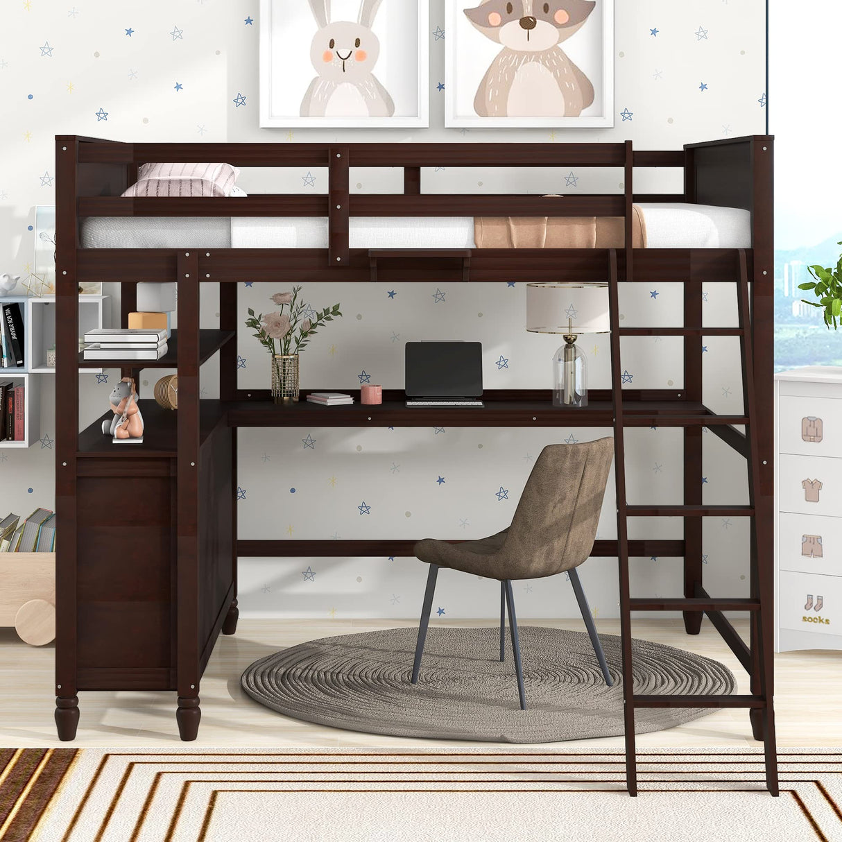 Harper & Bright Designs Full Size Loft Bed with Desk and Storage, Solid Wood Loft Bed Frame with Drawers and Shelves, for Kids Teens Adults -Espresso Harper & Bright Designs