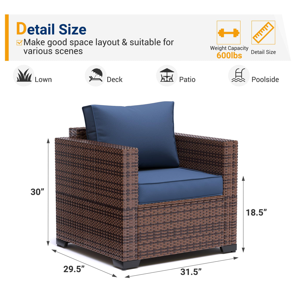UDPATIO Patio Wicker Single Sofa, Outdoor Rattan Sectional Couch Furniture All Weather Armchair Additional Chair for Furniture Set w/Non-Slip Cushion Deep Seating High Back UDPATIO