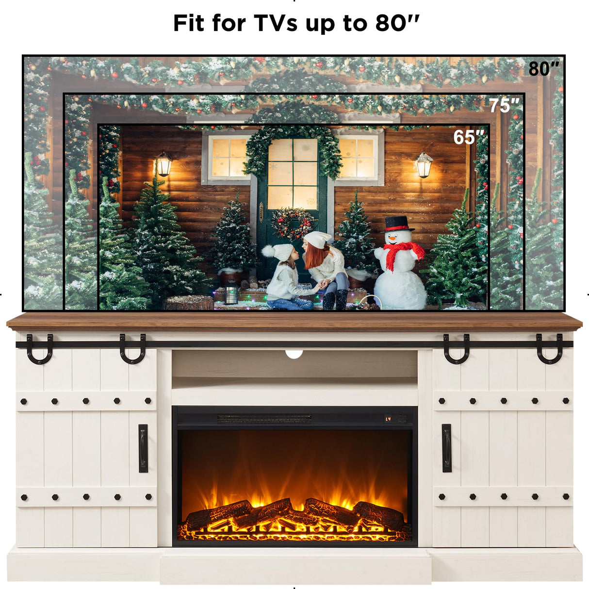 OKD 70" Fireplace TV Stand for 75+ 80 Inch TV, Farmhouse Highboy Entertainment Center with 30" Electric Fireplace & Sliding Barn Doors, Rustic Tall Media Console Cabinet for Living Room, Antique White OKD