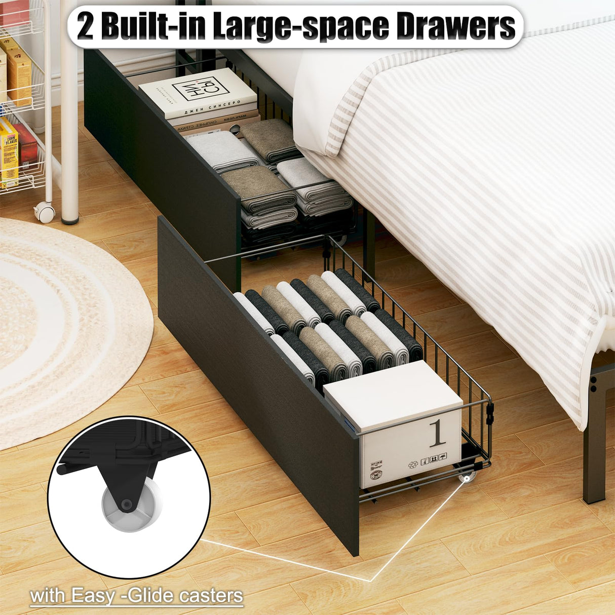 Bellemave Full Size Corner Bed Frame with Storage, Full Captains Bed with Charging Station and LED Light, Wood Daybeds with L-Shaped Bookcase and 2 Drawers, Black Bellemave