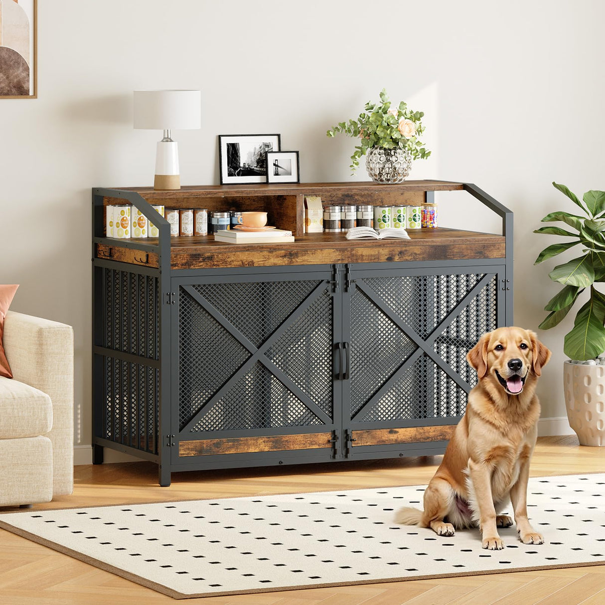 HOOBRO 43.3" Large Dog Crate Furniture with LED Lights, Heavy Duty Dog Kennel Indoor with Storage Shelves, Wooden Crate End Table for Large Medium Dogs, Rustic Brown and Black BF89DGW03 HOOBRO