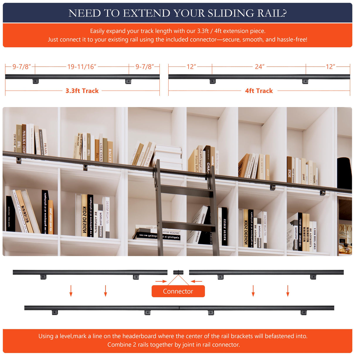 HARDJULAN 108" Black Sliding Library Ladder with 4FT Telescopic Hook Track – Lightweight Aluminum Rolling Ladder with Braking Wheels, Kit for Home, Loft, and Bookshelves HARDJULAN