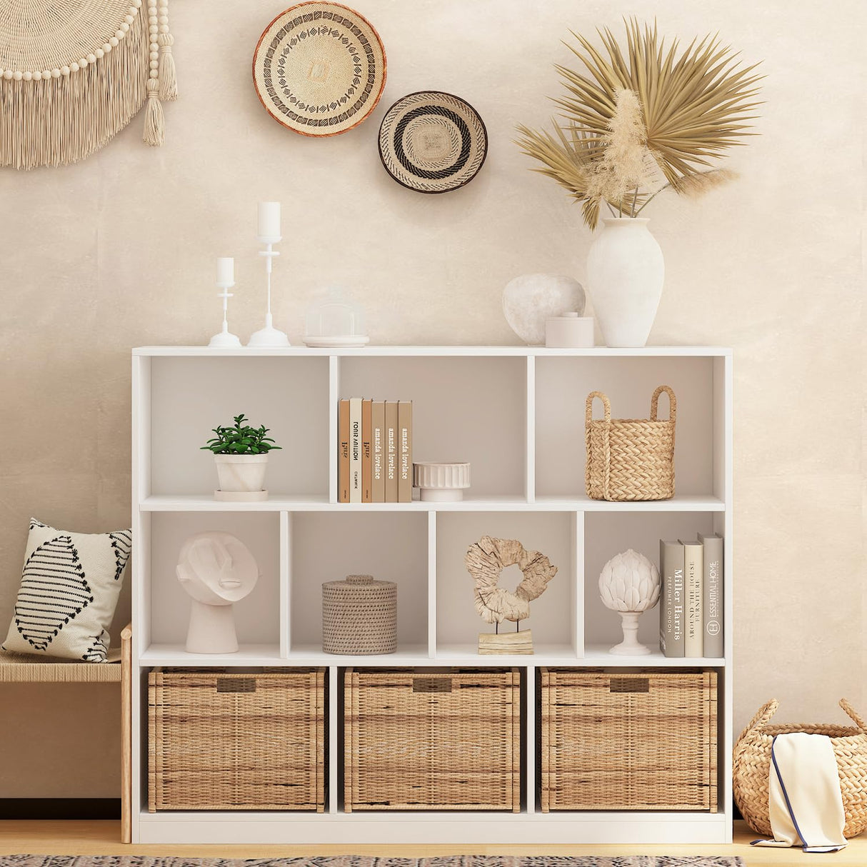 NewBeth Wooden 10 Cube Book Shelf with Base,3 Tier Freestanding Horizontal Bookshelf, Open Bookcase Cube Shelf Storage Organizer for Bedroom, Living Room, Office, Study Room, White NewBeth