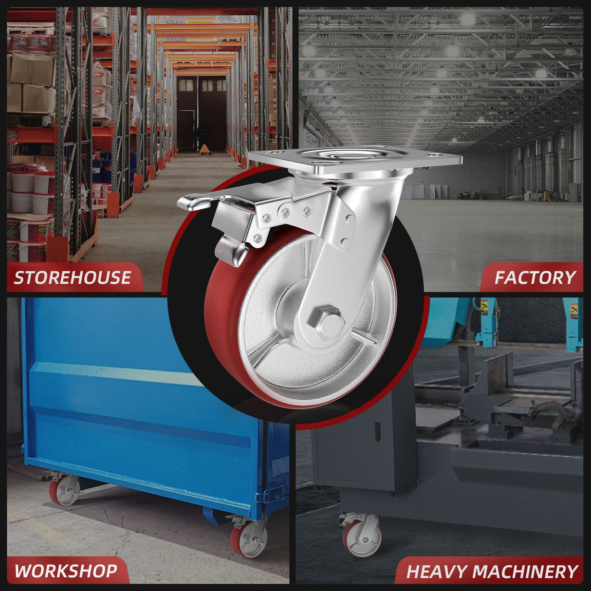 Casters Set of 4 Heavy Duty 6 inch Caster Wheels - ASRINIEY Locking Casters with No Noise Polyurethane on Steel Wheels, Swivel Plate Caster with Brake for Toolbox Workbench, 5000 lbs Total Capacity ASRINIEY