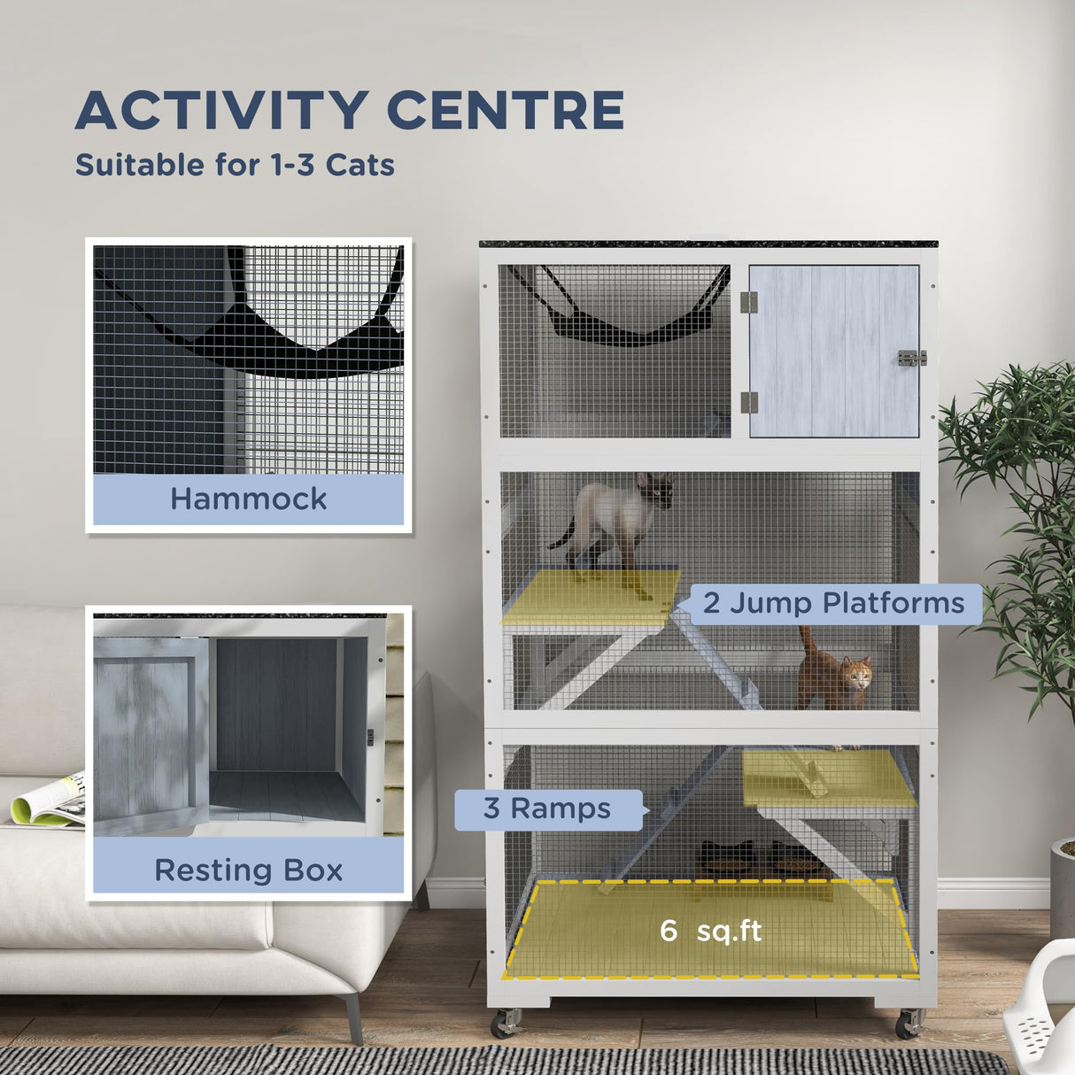 PawHut Catio, Outdoor Cat Enclosure House, Wooden Feral Cat Shelter on Wheels, Cat Cage with Hammock, Platforms Ramps, and Weather Protection Asphalt Roof, 34", Gray PawHut