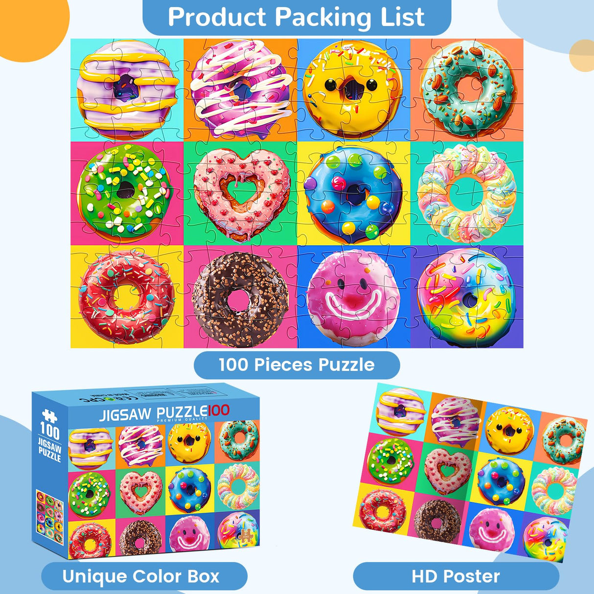 100 Pieces Puzzles for Kids Ages 4-8 | Delicious Donuts Jigsaw Puzzles | Large 100 Piece Puzzle for Toddler Children | Sturdy,Safe | Engaging & Educational Toys Great Gift for Boys Girls,15x10in mjyphdm