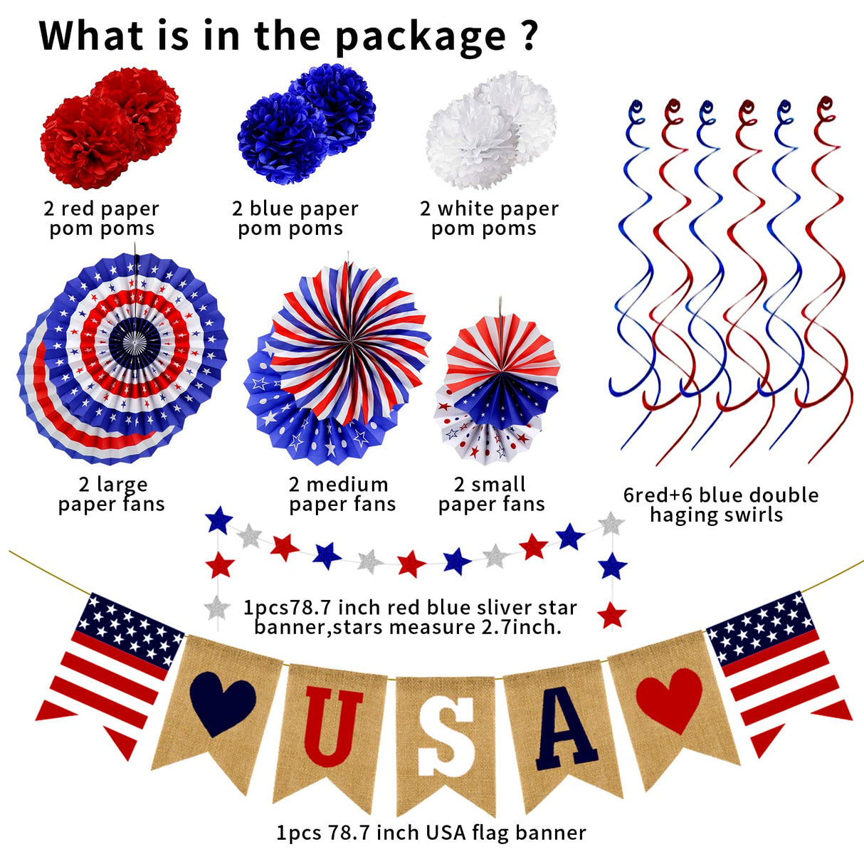Labrostar 26Pcs Patriotic Decorations - Red, White & Blue USA Flag Party Pack for Fourth of July, Includes Paper Fans, Pom Poms, Hanging Swirls, Banner & Star Streamer Labrostar