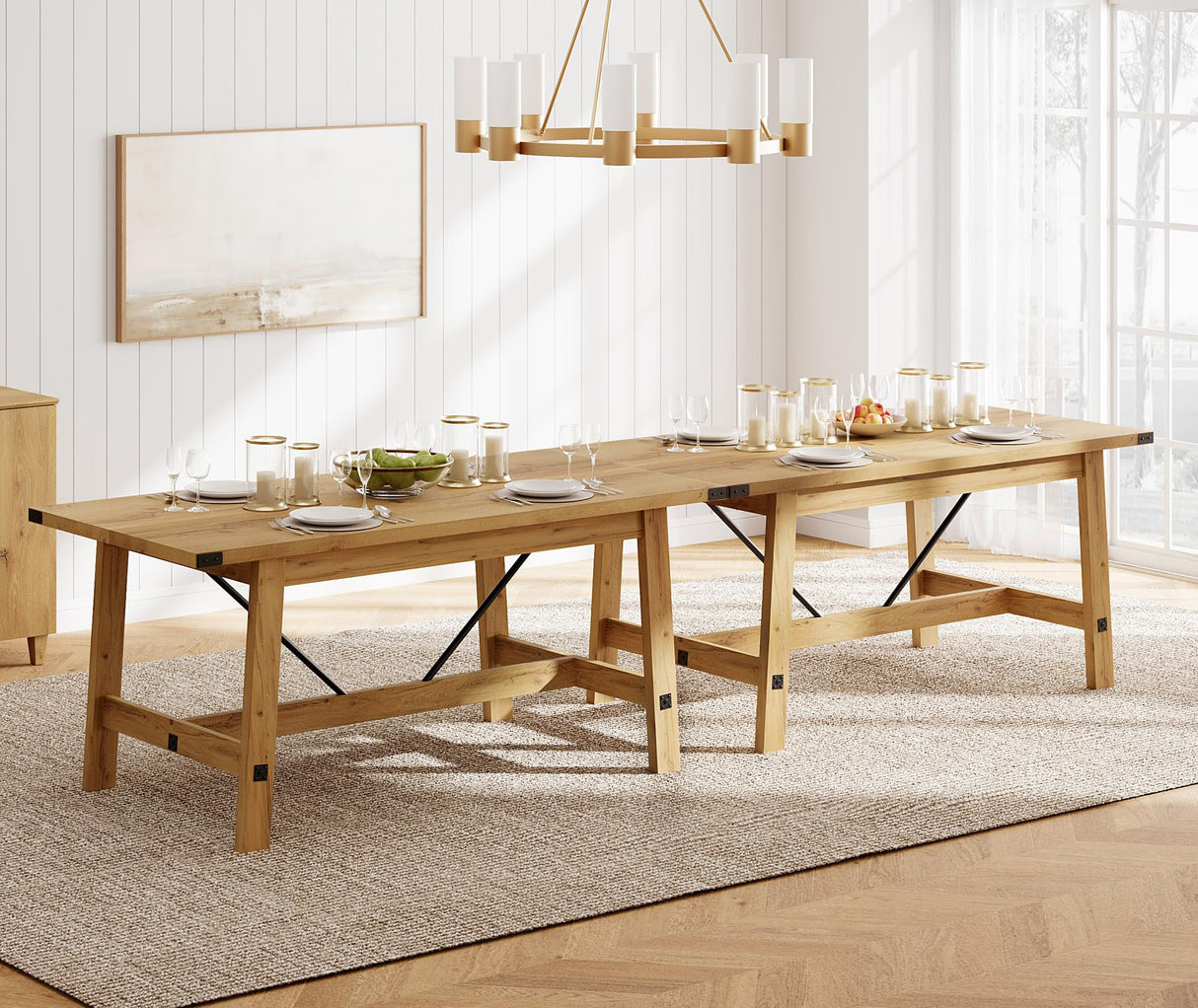 WAMPAT Set of 2 Farmhouse Dining Tables for 8-12 Persons with Heavy Duty Wooden Legs, 135.4 Inch Rectangular Modern Wood Kitchen Table for Dining Room & Living Room, Oak Brown WAMPAT