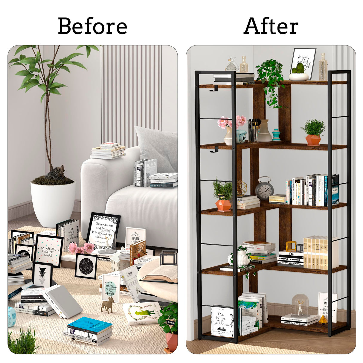 RKVPCNE 5 Tier L Shaped Bookshelf Wood Bookcase with 2 Hooks Modern Corner Bookshelf Library Industrial Shelving Book Case Adjustable Book Shelves for Bedroom Living Room Home Office Rustic Brown RKVPCNE